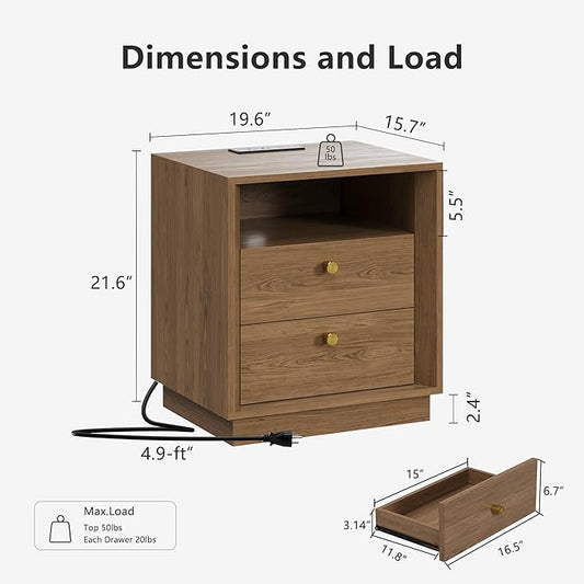FORTUNETEC Nightstand Set of 2 with Charging Station, Mid Century Modern Nightstand with Wood Grain Texture, Minimalist End Table with Drawers Storage, Bedside Table for Bedroom Living Room, Walnut