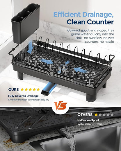Nacial 2-in-1 Small Dish Drying Rack Fits 14''–21.8'' Sink, Dish Drainers for Kitchen Counter Extend Kitchen Sink Drain Basket with Utensil Holder & Auto-Drain Tray, Stainless Steel Plate Rack, Black