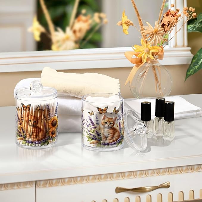 MNSRUU 2 Pack Qtip Holder Organizer Dispenser Cute Ginger Kitten and Flowers Pink Bathroom Storage Canister Cotton Ball Holder Bathroom Containers for Cotton Swabs/Pads/Floss