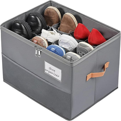 Chewlish Shoe Organizer for Closet, Foldable Shoe Box Storage Containers with Clear Cover, Smooth Zipper, Reinforced Handles and Bottom Support, Space Saving Shoes Holder, Gray (1, Small)