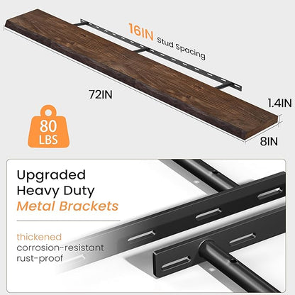 Fun Memories Floating Shelves for Wall Decor, Rustic Solid Elm Wood Live Edge Floating Shelves Wall Mounted, Heavy-Duty Shelf with Invisible Bracket for Living Room Kitchen, 72 Inch Set of 1, Walnut