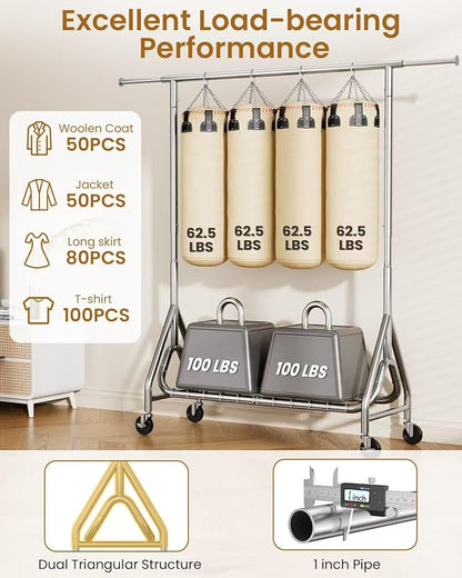 Heavy Duty Clothing Rack, Metal Clothes Rack Load 450 LBS, Rolling Coat Racks for Hanging Clothes with Lockable Wheels, Wardrobe Closet Garment Racks for Bedroom, Silver