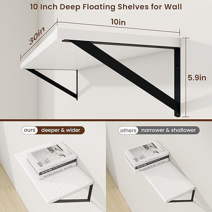 Axeman 30 Inch Floating Shelves | 10 Inch Deep White Wall Shelves Set of 2 | 30" W x 10" D White Wood Floating Shelves for Living Room Bathroom Kitchen