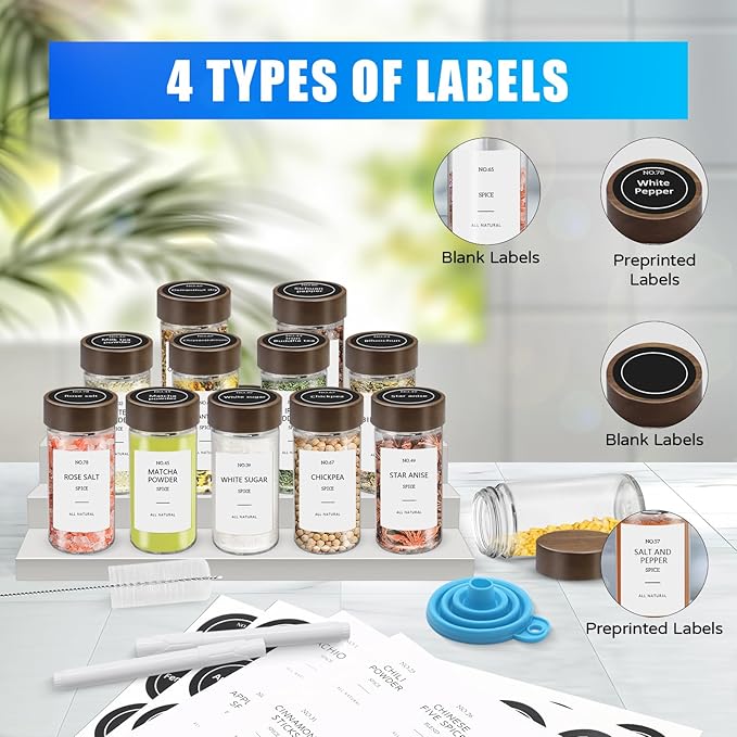 VIBRATITE 30 Pack Spice Jars with Acacia Lids, 4 oz Round Glass Jars Spice Containers Set with Labels, Pen, Funnel, Seasoning Storage Bottles with Shaker Lids for Rack, Cabinet, Drawer