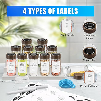 VIBRATITE 30 Pack Spice Jars with Acacia Lids, 4 oz Round Glass Jars Spice Containers Set with Labels, Pen, Funnel, Seasoning Storage Bottles with Shaker Lids for Rack, Cabinet, Drawer