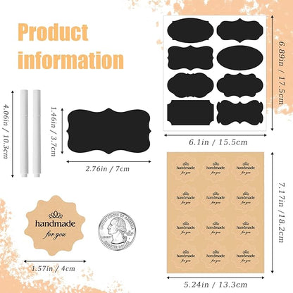 142Pcs Jar Label Stickers Set – 80 Reusable Blackboard Stickers with 2 White Erasable Chalk Markers, 60 Handmade for You Stickers, Perfect for Mason Jars, Spice Jars, Jam Jar & various Food Containers