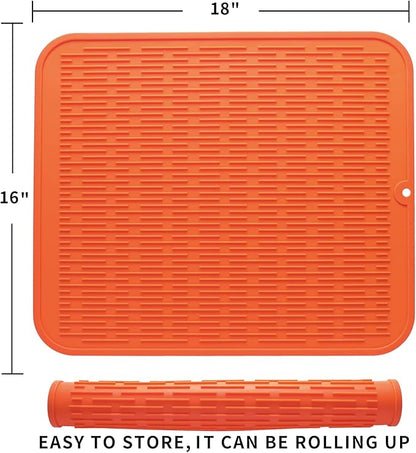 Silicone Dish Drying Mat for Multiple Usage,Easy clean,Eco-friendly,Heat-resistant Silicone Mat for Kitchen Counter or Sink,Refrigerator or Drawer Liner Orange XL 18 inches x 16 inches