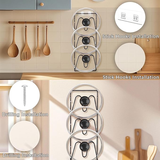 KoMvzyl 2 Pack Pot Lid Organizer, 6-Tier Pots & Pans Lid Holder Organizer for Cabinet or Wall/Door Kitchen Storage, No-Drill Adhesive Mount, Space-Saving Solution