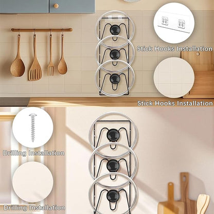 KoMvzyl 2 Pack Pot Lid Organizer, 6-Tier Pots & Pans Lid Holder Organizer for Cabinet or Wall/Door Kitchen Storage, No-Drill Adhesive Mount, Space-Saving Solution