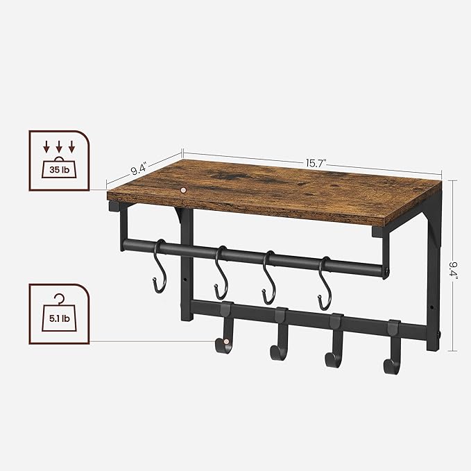 VASAGLE Laundry Room Shelf Wall Mounted, Coat Rack Shelf, with 8 Removable Hooks, for Entryway, Living Room, Kitchen, Bedroom, 15.7 x 9.4 x 9.4 Inches, Rustic Brown and Black ULCR103B01