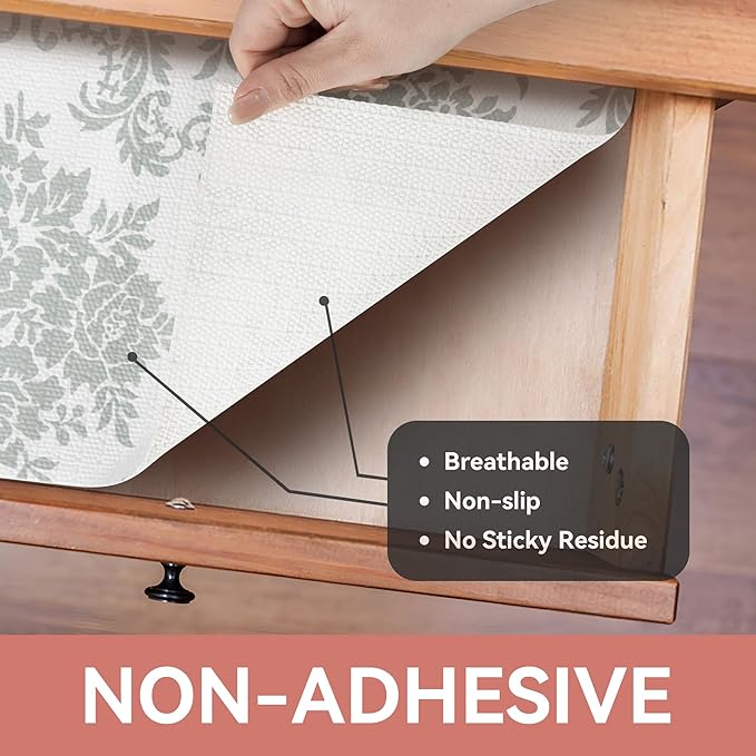RAY STAR Shelf Liner, Non Adhesive Sage Green Damask Floral Kitchen Cabinet Liner for Pantry Drawer Pantry, Non Slip Waterproof, Shelf Liners for Kitchen Cabinets Cupboard 18 Inch x 8 FT (5 Rolls)