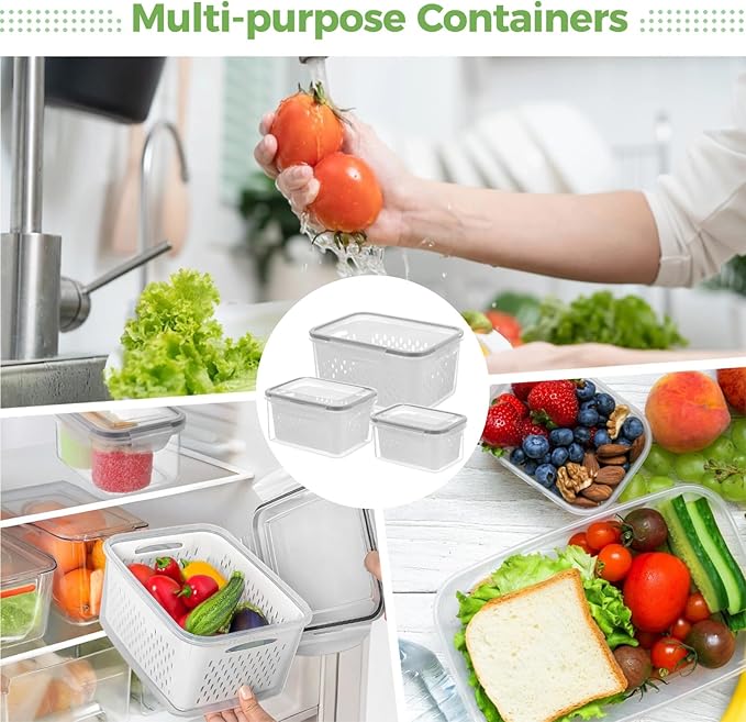 Anjetan 3 Pcs Fruit Storage Containers, Produce Savers with Lids for Fridge, Refrigerator Vegetable Containers with Draining Baskets, Airtight Food Keepers for Kitchen, Microwave Safe