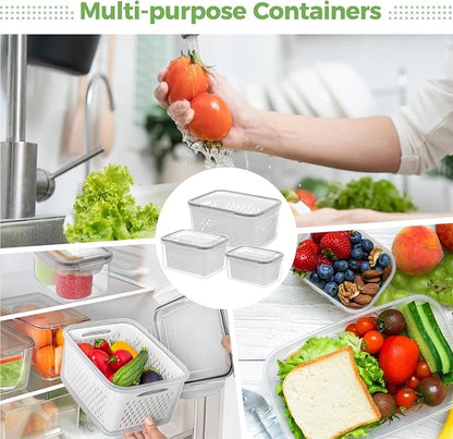 Anjetan 3 Pcs Fruit Storage Containers, Produce Savers with Lids for Fridge, Refrigerator Vegetable Containers with Draining Baskets, Airtight Food Keepers for Kitchen, Microwave Safe