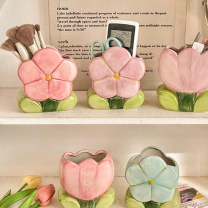 Cute Toothbrush Holder Pen Holder for Desk Pink Vase Decor Aesthetic Pencil Holder for Office Makeup Brush Holder Kawaii Desk Accessories Tulips Home Decor Birthday Gifts for Women