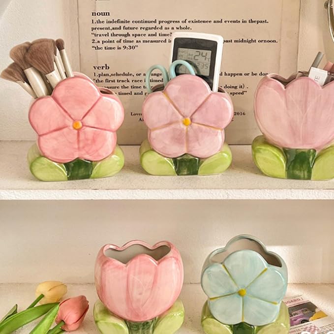 Pencil Holder for Desk Tulips Vase Decor Aesthetic Cute Toothbrush Holder Pen Holder for Office Makeup Brush Holder Red Kawaii Desk Accessories Home Decor Birthday Gifts for Women