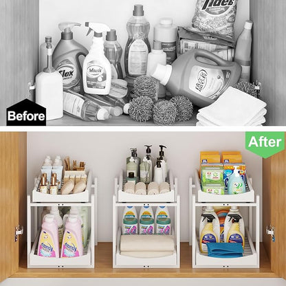 Bamboo Under Sink Organizer and Storage, 1 Pack Pull Out Cabinet Organization, 2 Tier Vertical Slide Out Undersink Storage Shelf, Multi-Purpose Organizer Shelves for Kitchen Bathroom Medicine, White
