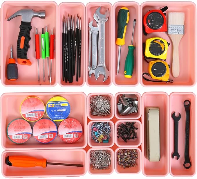 15 PCS Interlocking Desk Drawer Organizer Separator for Office,Bathroom,Kitchen,Makeup（Pink）