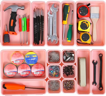 15 PCS Interlocking Desk Drawer Organizer Separator for Office,Bathroom,Kitchen,Makeup（Pink）