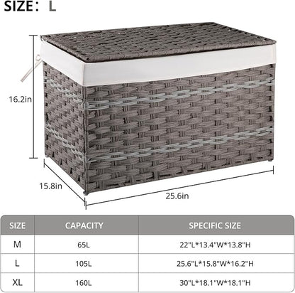 OIAHOMY Storage Basket with Lid, 27.7 Gallon (105L) Blanket Basket with Removable Liner Bag, Synthetic Wicker Hamper with Handle, Hamper for Living Room, Grey