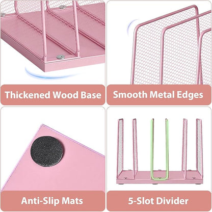 Small Desk File Organizer, 5-Section Upright File Sorter, Vertical File Folder Holder, Mesh Metal Wood Office Desktop Organization for Document, Magazine, Books and more (Pink)