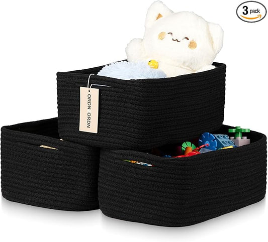 Small Storage Baskets for Organizing, Woven Storage Bins for Shelves, Gift Basket Empty, Cute Decorative Closet Organizer, Baby Rope Basket, Dog Toy Storage, 12.6x8.2x5”, 3Packs Black