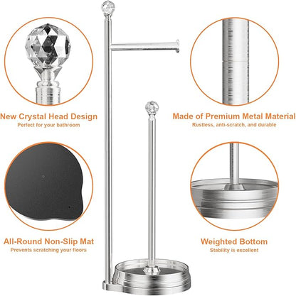 Toilet Paper Holder for Bathroom, Heavy Weighted Metal Free Standing Toilet Paper Holder Stand with Crystal Ball, Toilet Paper Roll Stand for Bathroom Accessories