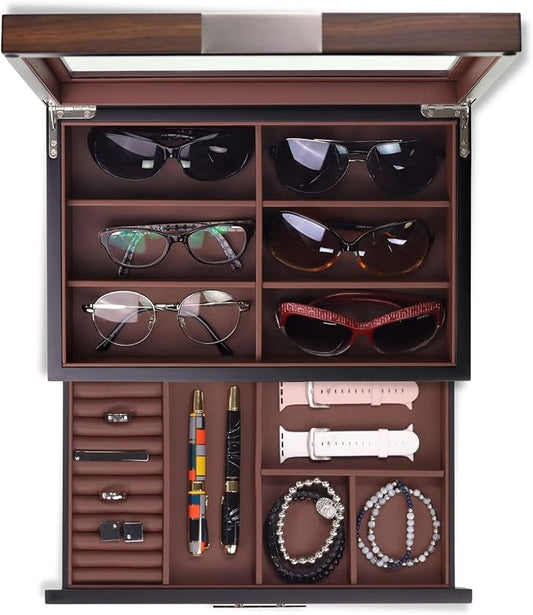 Decorebay Multi-Purpose Drawer, Sunglasses and Jewelry Box Wooden Storage Organizer with Saddle Brown Leather (Coffee Lover)