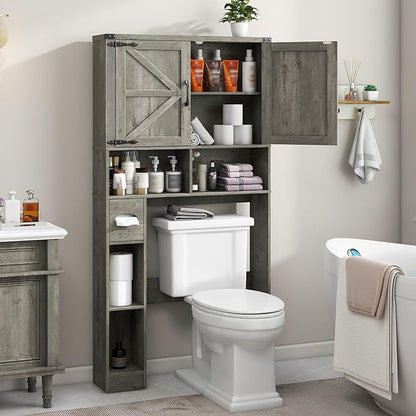 Vabches Over The Toilet Storage Cabinet, Farmhouse Storage Cabinet Over Toilet with 2 Barn Doors & Toilet Paper Holder Stand，Home Space-Saving Toilet Rack, for Laundry, Bathroom, Restroom.Grey Oak