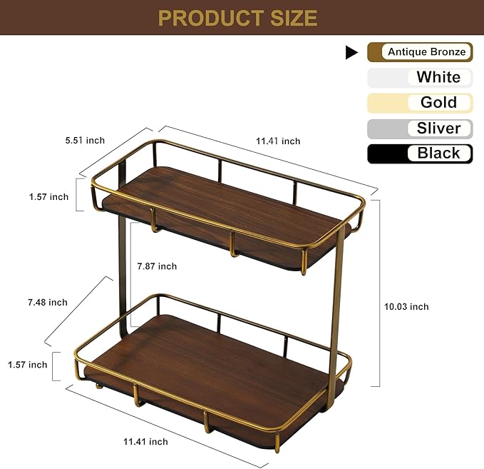 Dobbyby Bathroom Organizer Countertop Perfume Organizer Makeup Organizer Cosmetics Storage Display Rack Vanity Tray Dresser Stainless Steel Gold Shelf Wooden Tray
