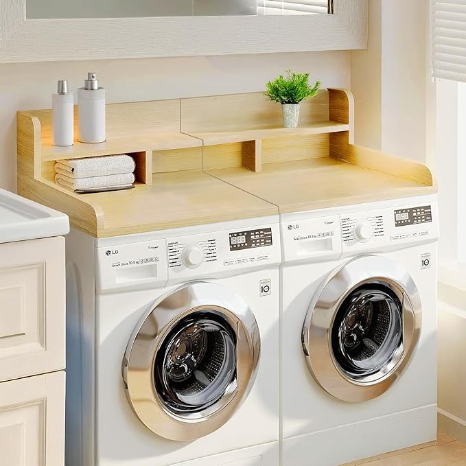 Washer Dryer Countertop, Laundry Wood Shelf Topper with Edge, 2-Tier Laundry Countertop, for Washer and Dryer Laundry Hamper Counter Storage Organization (Oak)
