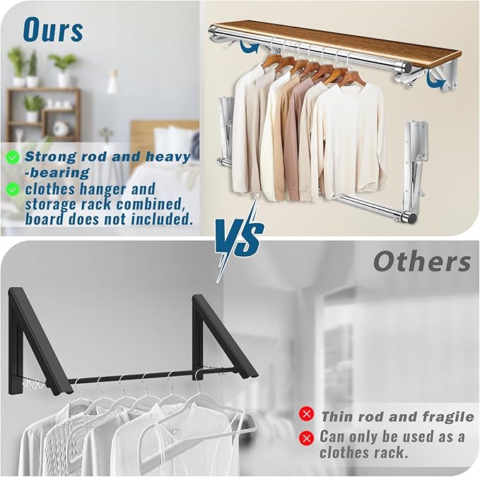 Foldable Wall Mounted Clothes Rack-30'' Long Rod&2 Thick Bases,Stainless Steel,Multi-Purpose for Space-Saving Garment Rack/Clothes Drying Rack/Clothes Hanger,Detachable and Top Shelf Room Reserved