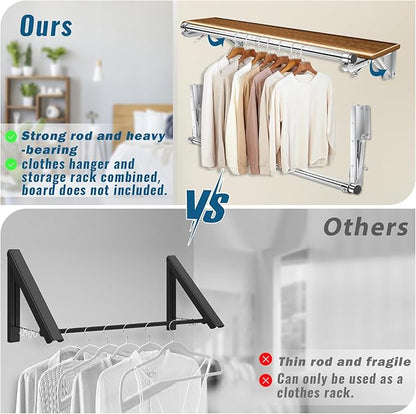 Foldable Wall Mounted Clothes Rack-30'' Long Rod&2 Thick Bases,Stainless Steel,Multi-Purpose for Space-Saving Garment Rack/Clothes Drying Rack/Clothes Hanger,Detachable and Top Shelf Room Reserved