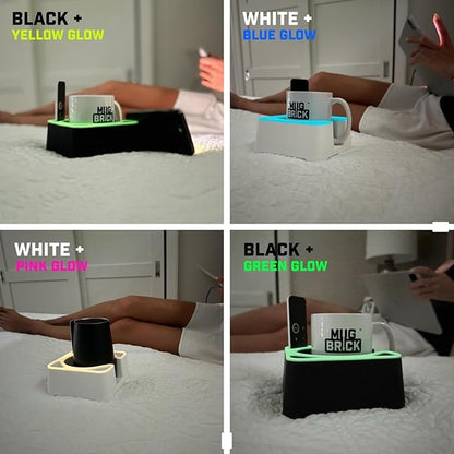 MugBrick Spill-Proof Mug Holder and Desk Organizer. Non-Tip Coffee Cup Holder with Pockets for Pens and Small Remotes. Ideal for Bed, Desktop or Couch, Gift for Coffee Drinkers, White + Pink Glow