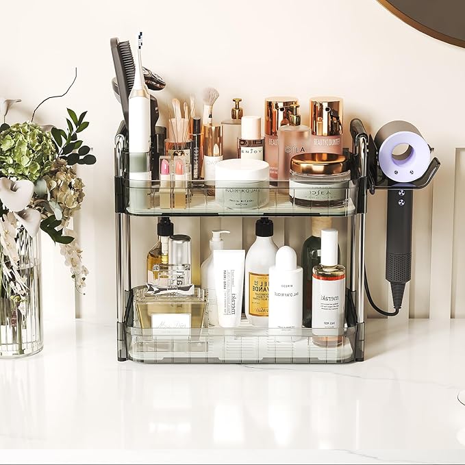 AmzAge Bathroom Countertop Organizer,Makeup Counter Organizer With Hair Dryer Holder,Compatible with Dyson Blow Dryer,Electric Toothbrush And Toothpaste Holder,2-Tier Detachable Design,Gem Green