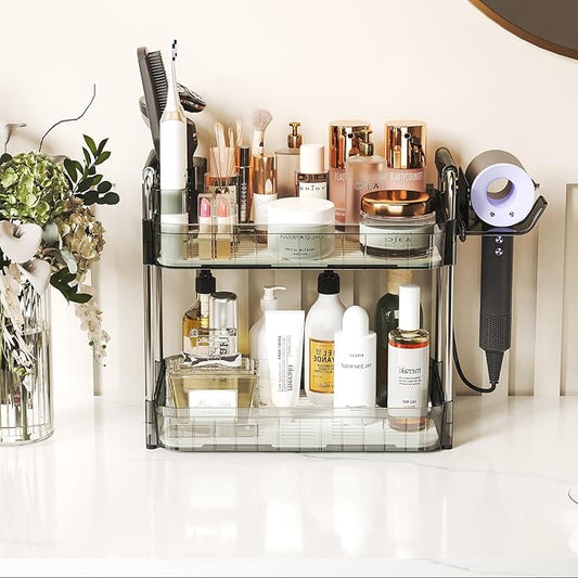 AmzAge Bathroom Countertop Organizer,Makeup Counter Organizer With Hair Dryer Holder,Compatible with Dyson Blow Dryer,Electric Toothbrush And Toothpaste Holder,2-Tier Detachable Design,Gem Green