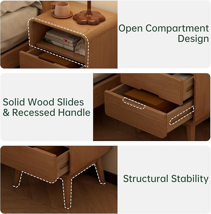 Vadisun Solid Wood Nightstand Set of 2, Mid Century Modern Nightstand with Drawers, Natural Wood Nightstand with Storage, Wooden Night Stand, Small Nightstands, Bedside Table for Bedroom(23.23" H)