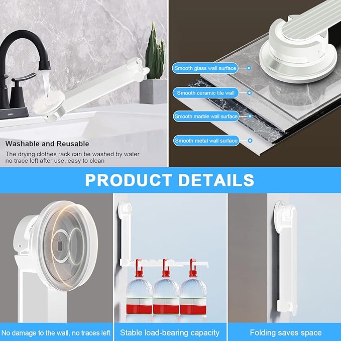Foldable Clothes Drying Rack with Suction Cup, Wall-Mounted Clothes Drying Rod with Retractable Rod for Laundry Bathroom RV Balcony, Travel Portable Drying Rack for Clothe, White