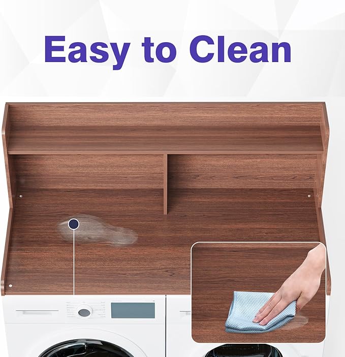 Washer Dryer Countertop with 2 Tier Shelf, 27.5" W × 54" L Laundry Wood Countertop with Edge Rails for Laundry Room Organization and Storage (Walnut)