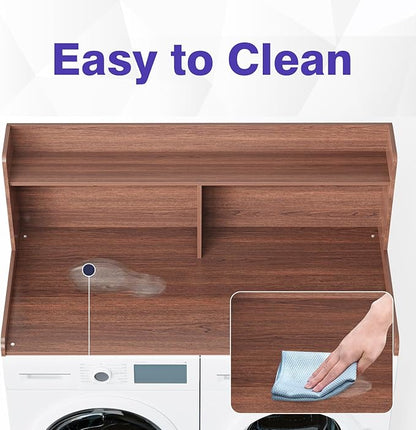Washer Dryer Countertop with 2 Tier Shelf, 27.5" W × 54" L Laundry Wood Countertop with Edge Rails for Laundry Room Organization and Storage (Walnut)