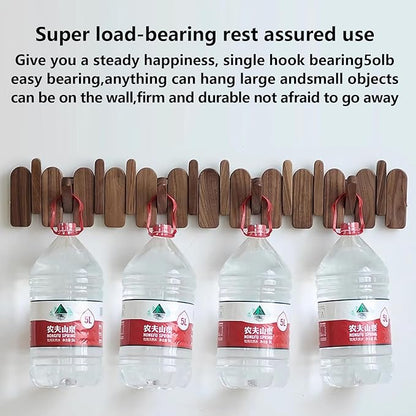 Wall Mounted Coat RackHooks Piano Key Hangers Natural Solid Wood Hanger Non-Woven Fabric Clothes Hangers for Closet, Kitchen, Bedroom, Bathroom, Entryway (Moon-Walnut, 10 Hooks)