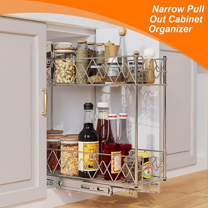 Narrow Pull Out Cabinet Organizer - 7" W x 21" D, 2-Tier Kitchen Cabinet Drawer Slide Out Shelves, Chrome