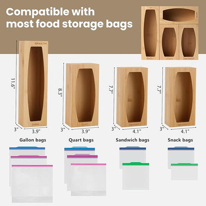Bamboo Plastic Bag Storage Organizer for Kitchen Drawer, 4 Separate Baggie Organizer, Suitable for Gallon, Quart, Sandwich & Snack Variety Size Bag