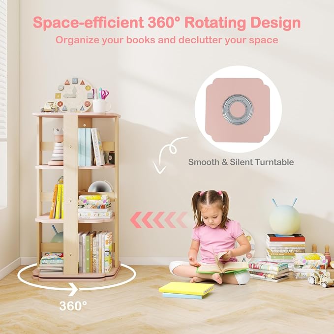 Costzon Kids Rotating Bookshelf, 360° Spinning 3-Tier Corner Bookshelf for Small Space w/12 Sectors, Floor Standing Bookcase Storage Rack, Wooden Narrow Bookcase for Kid's Room, Living Room, Daycare