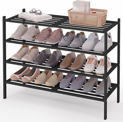 Smiry Long Bamboo Shoe Rack 4-Tier, Stackable Wooden Shoe Organizer for Entryway & Closet, Free Standing Wood Shoe Storage Shelf for Front Door & Small Spaces, Black