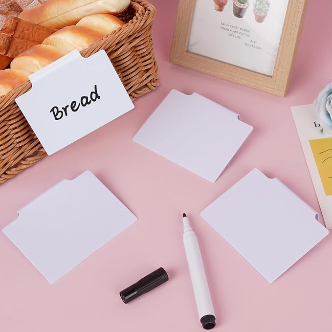 33PCS Basket Labels Clip On, 30 Labels for Storage Bins Removable with 2 Chalk Markers & 1 Wipe, Kitchen Pantry Labels, Plastic Storage Bin Label, Label Holder, Basket Tags, Bin Clips (White)