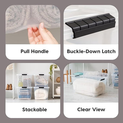 IRIS USA 94 Qt Stackable Plastic Storage Bins with Lids, 2 Pack - BPA-Free, Made in USA - See-Through Organizing Solution, Latches, Durable Nestable Containers, Secure Pull Handle - Clear