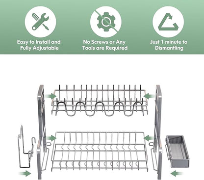 2 Tier Dish Drainers Drying Rack for Kitchen Counter Large Stainless Steel Dishes Drain with Drainboard, Space Saving, Big Modern Silver Countertop Metal Plates Dryer Strainer Holder and Extra Tray