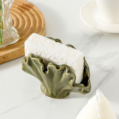 Uiddo Ceramic Sponge Holder,Sponge Holder for Kitchen Sink,Compact Sink Caddy Organizer-Scouring Pad and Dish Holder,Farmhouse Kitchen Decor Cute Gadgets Accessories(Green)