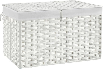 180L Wicker Storage Basket with Lid, Handwoven Rattan Large Shelf Basket with Removable Liner, 47.6 Gallon Wicker Basket for Blanket, Storage Trunk with Handle for Closet, Bedroom, Livingroom, White