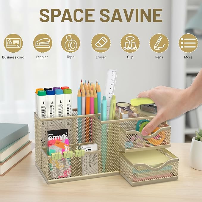 Mesh Desk Organizer, Pen Organizer with 2 Drawers and 5 Compartments, Versatile Pen Holder for Small Space, Desk Organizers and Accessories for School Office Supplies, Gold